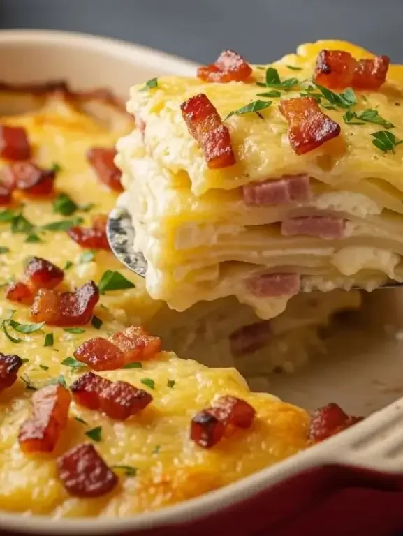 Aprenda a fazer a Batata Gratinada com Bacon mais cremosa e fácil do mundo! Uma receita de airfryer ou forno, com batatas fininhas e um molho de queijo incrível.