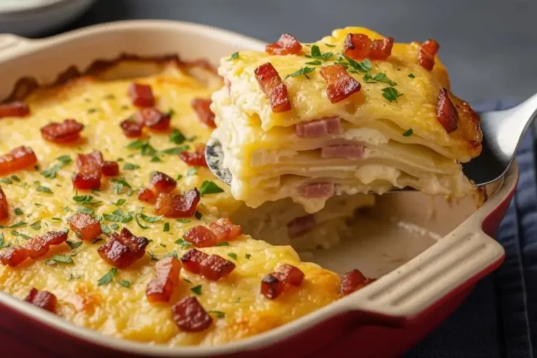 Aprenda a fazer a Batata Gratinada com Bacon mais cremosa e fácil do mundo! Uma receita de airfryer ou forno, com batatas fininhas e um molho de queijo incrível.