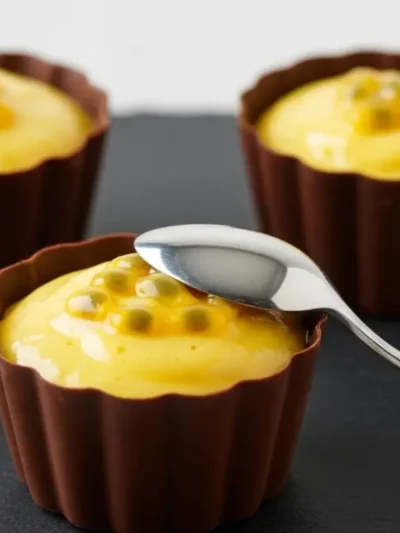 Aprenda a fazer Copinho de Chocolate com Mousse de Maracujá! Uma sobremesa fácil, sem forno, com copinho comestível. Linda, divertida e deliciosa!